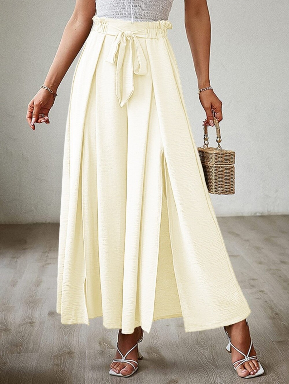 Women’s Cream High-Waist Wide Leg Pants with Tie Waist